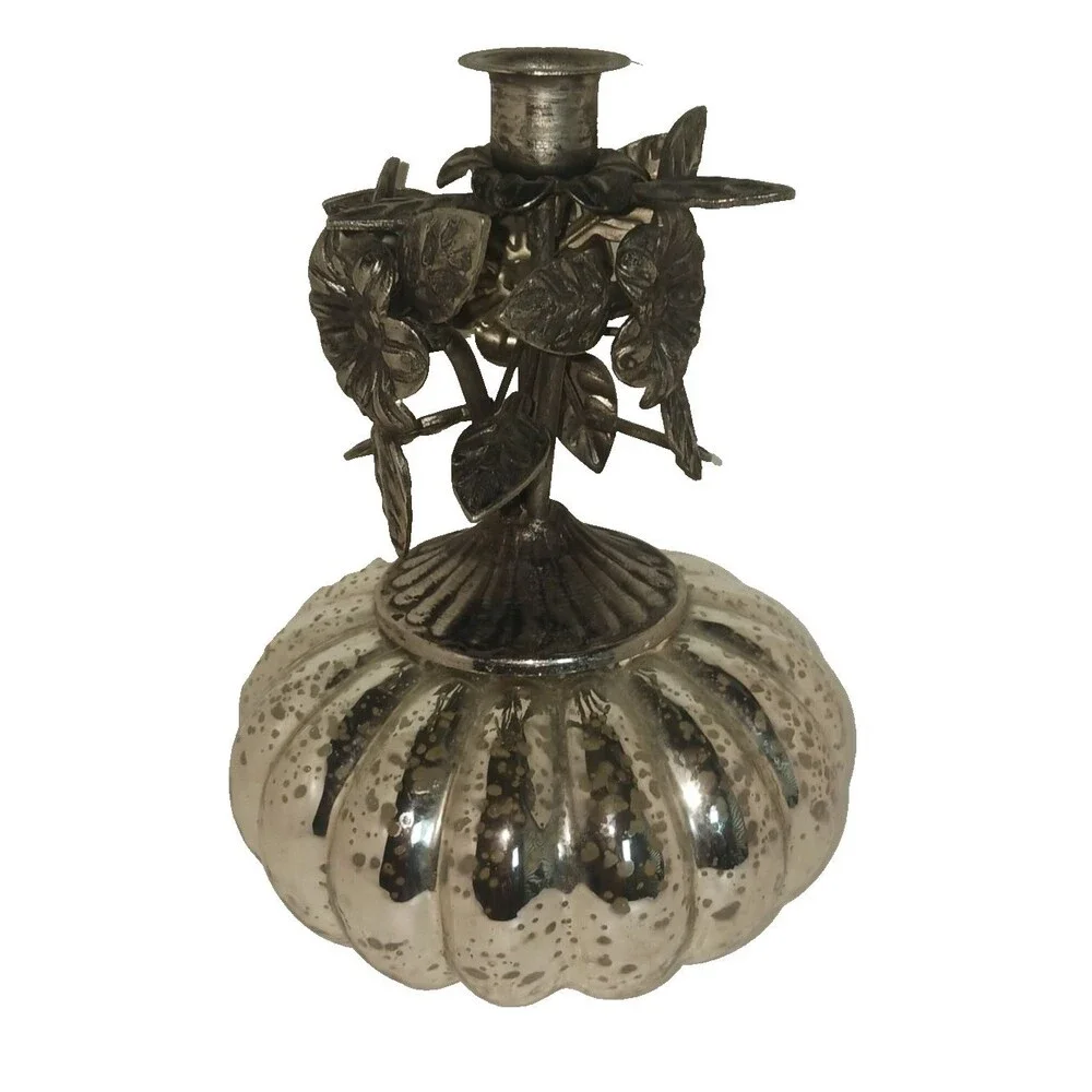 Vintage Rooste Silver Mercury Glass Pumpkin Candlestick Holder Punched Tin 7.75